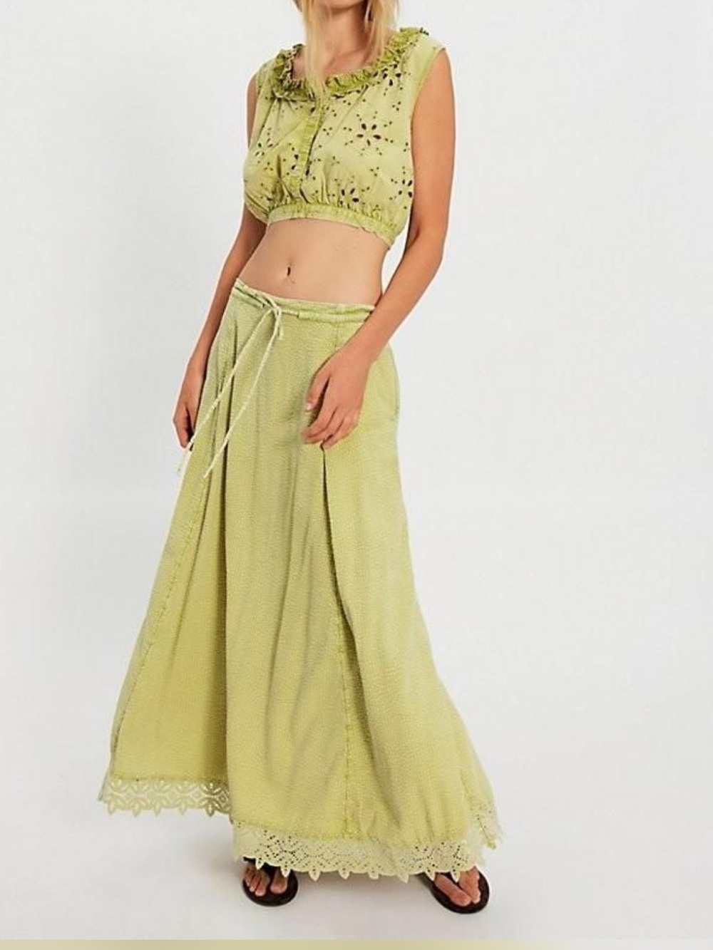 Free People Palm Oasis Green Eyelet Midi Skirt Crop Top Set S NWT